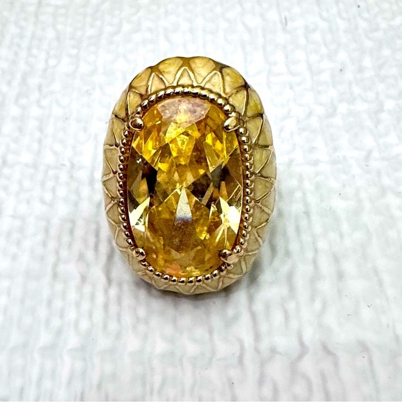 Vintage Large Cocktail Ring Yellow Glass Crystal Enamel Harlequin Mosaic Band - Picture 3 of 12